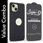 For Apple iPhone 15 Plus Combo with Back Cover and 9H Tempered Glass (Textured Grip Design | Micro-Fiber Cloth Inside | Oleophobic Coating Screen Glass)