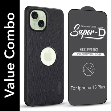 For Apple iPhone 15 Plus Combo with Back Cover and 9H Tempered Glass (Textured Grip Design | Micro-Fiber Cloth Inside | Oleophobic Coating Screen Glass)