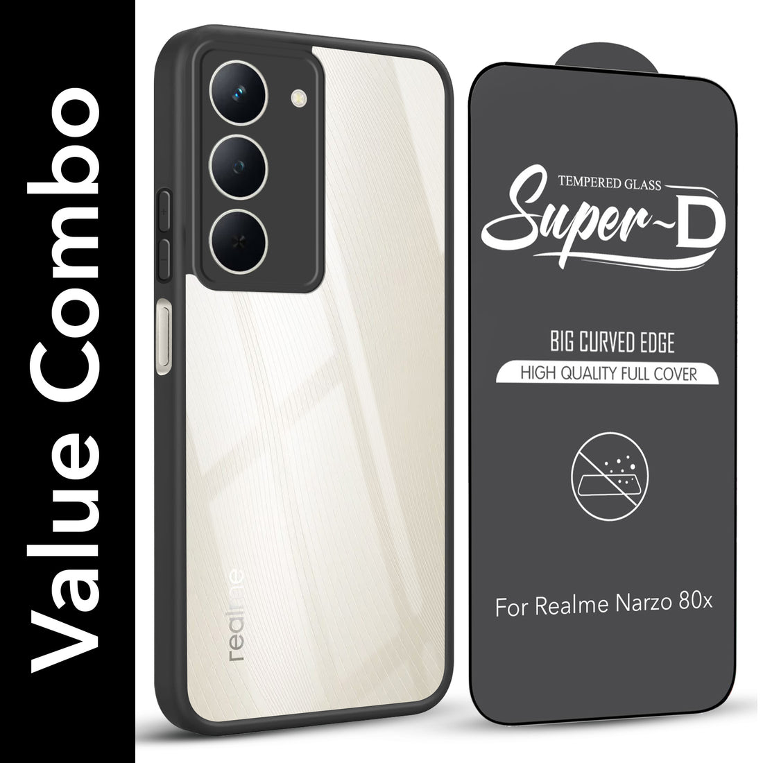 For Realme Narzo 80x Combo with Back Cover and 9H Tempered Glass (Lifetime Anti-Yellow | Crystal Clear Shockproof | Oleophobic Coating Screen Glass)