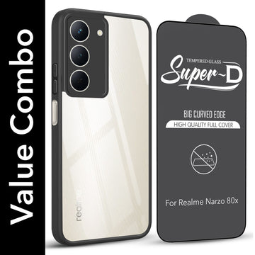 For Realme Narzo 80x Combo with Back Cover and 9H Tempered Glass (Lifetime Anti-Yellow | Crystal Clear Shockproof | Oleophobic Coating Screen Glass)