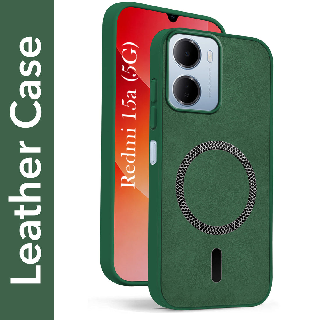For Redmi 15A 5G Back Cover Case Leather Finish (MagSafe Compatible Wireless Charging | Soft Touch | Camera Bump Protection)