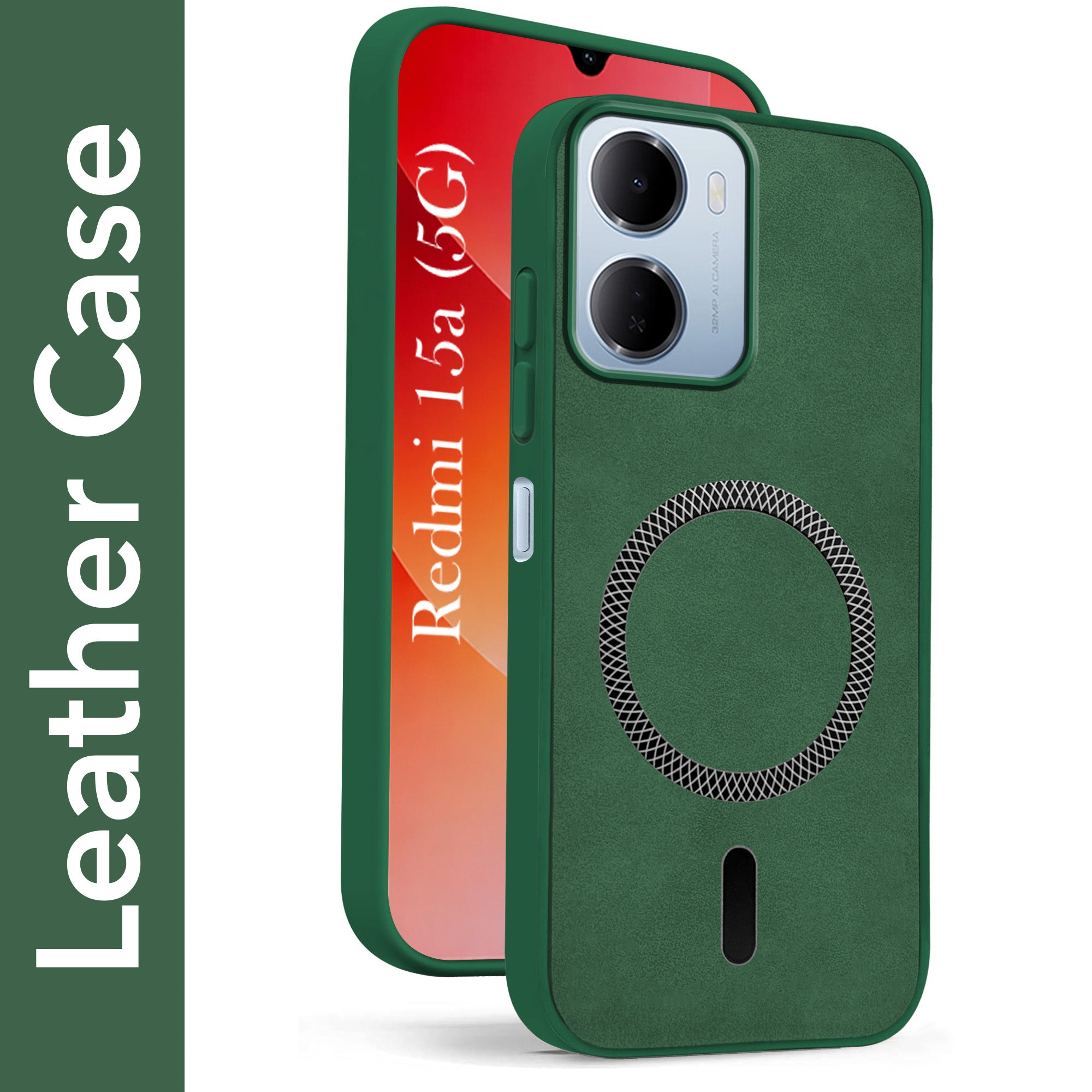 For Redmi 15A 5G Back Cover Case Leather Finish (MagSafe Compatible Wireless Charging | Soft Touch | Camera Bump Protection)