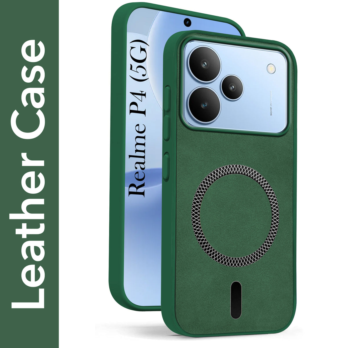 For Realme P4 Back Cover Case Leather Finish (MagSafe Compatible Wireless Charging | Soft Touch | Camera Bump Protection)