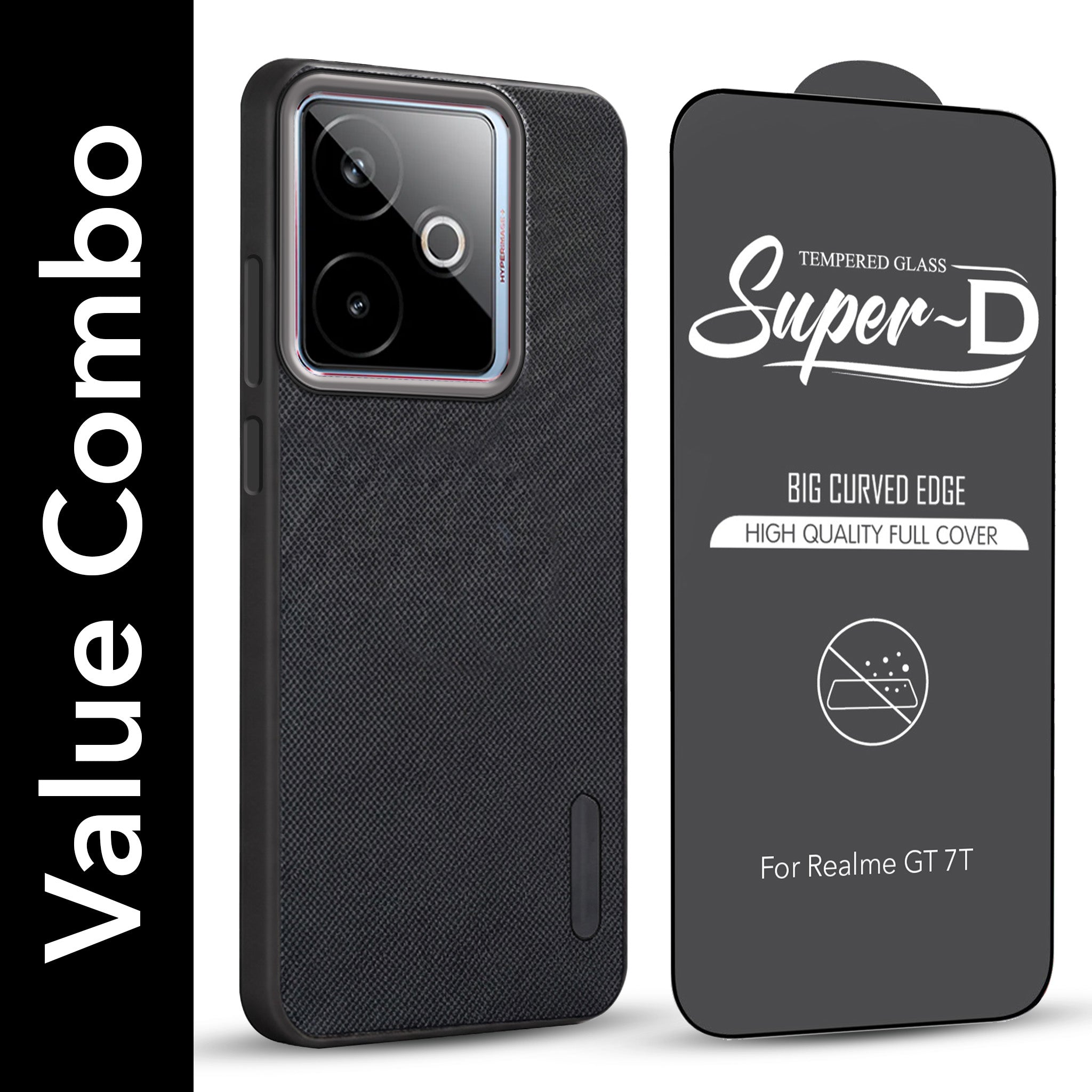 For Realme GT 7T Combo with Back Cover and 9H Tempered Glass (Textured Grip Design | Micro-Fiber Cloth Inside | Oleophobic Coating Screen Glass)