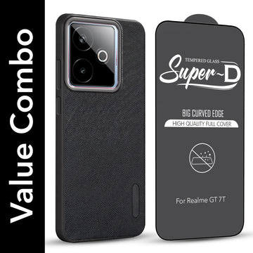 For Realme GT 7T Combo with Back Cover and 9H Tempered Glass (Textured Grip Design | Micro-Fiber Cloth Inside | Oleophobic Coating Screen Glass)
