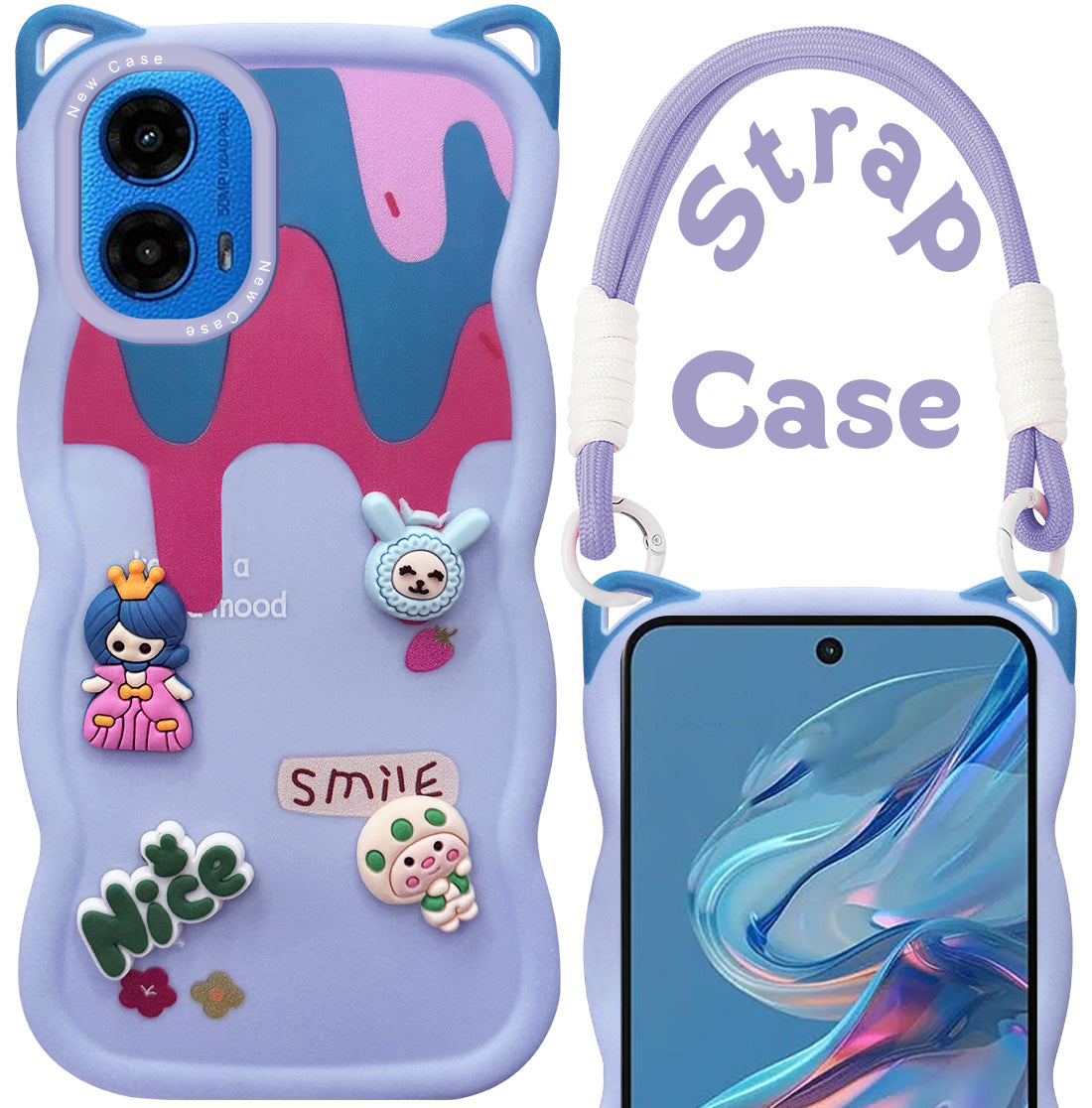 For Motorola Moto G45 Back Case Cover Strap (3D embossed Figures | Strap Holder | 360* Soft Cushion with Camera Bump)