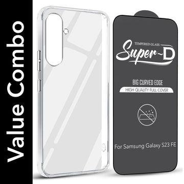 For Samsung Galaxy S23 FE 5G Combo with Back Cover and 9H Tempered Glass (Lifetime Anti-Yellow | Sleek Hard Crystal | Oleophobic Coating Screen Glass)