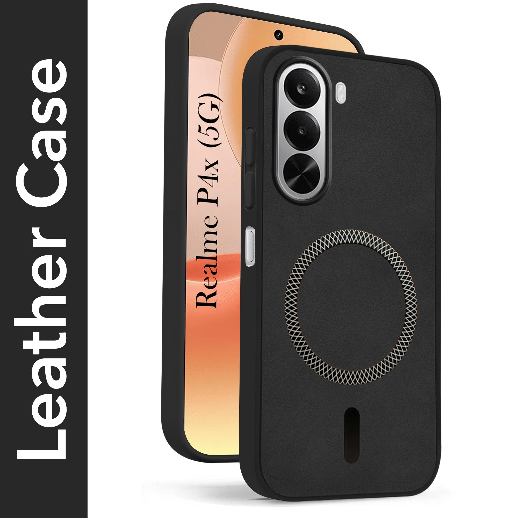 For Realme P4x Back Cover Case Leather Finish (MagSafe Compatible Wireless Charging | Soft Touch | Camera Bump Protection)