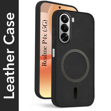 For Realme P4x Back Cover Case Leather Finish (MagSafe Compatible Wireless Charging | Soft Touch | Camera Bump Protection)
