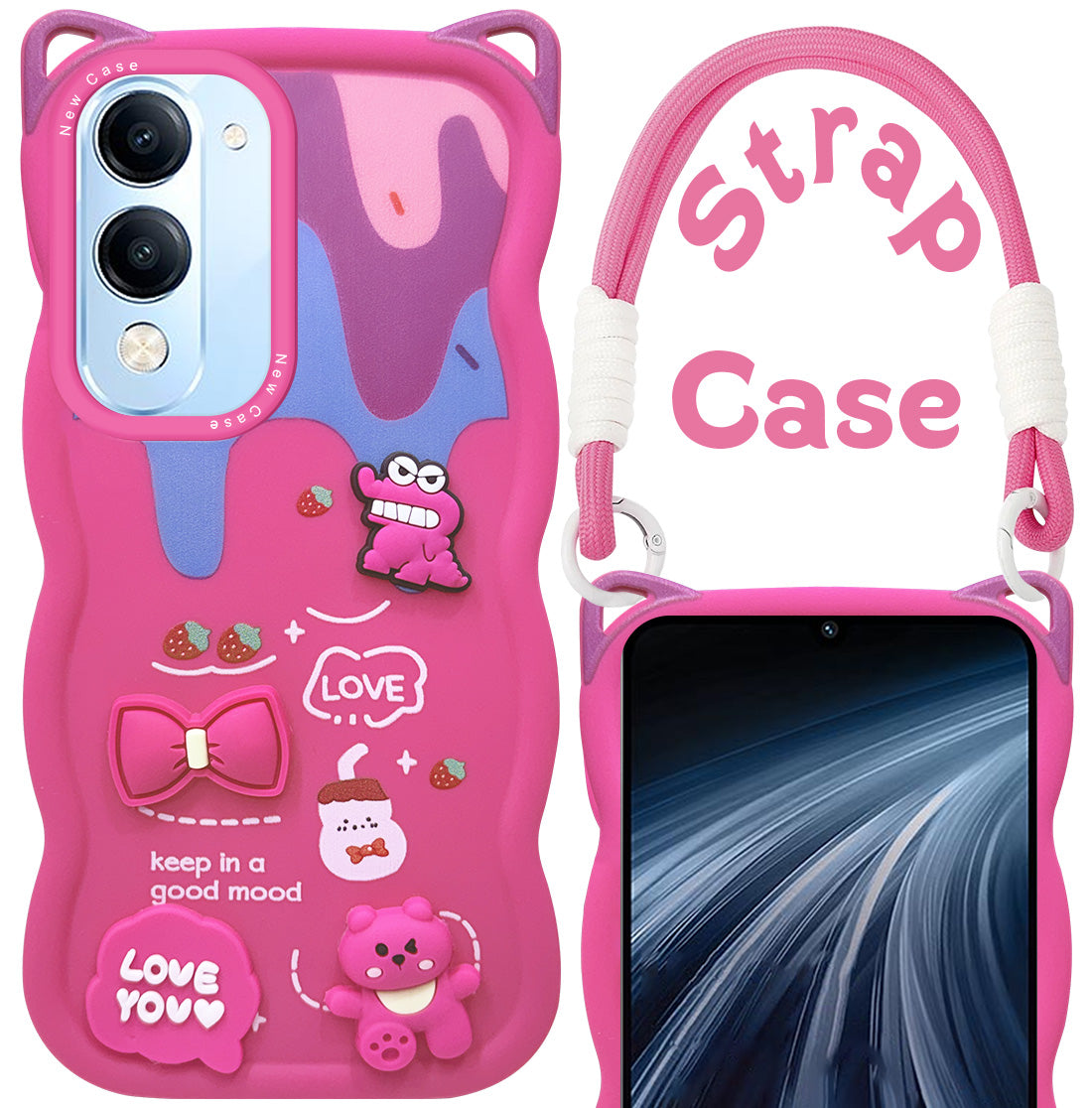 For Vivo iQOO Z10 Lite Back Case Cover Strap (3D Embossed Figures | Strap Holder | 360* Soft Cushion with Camera Bump)