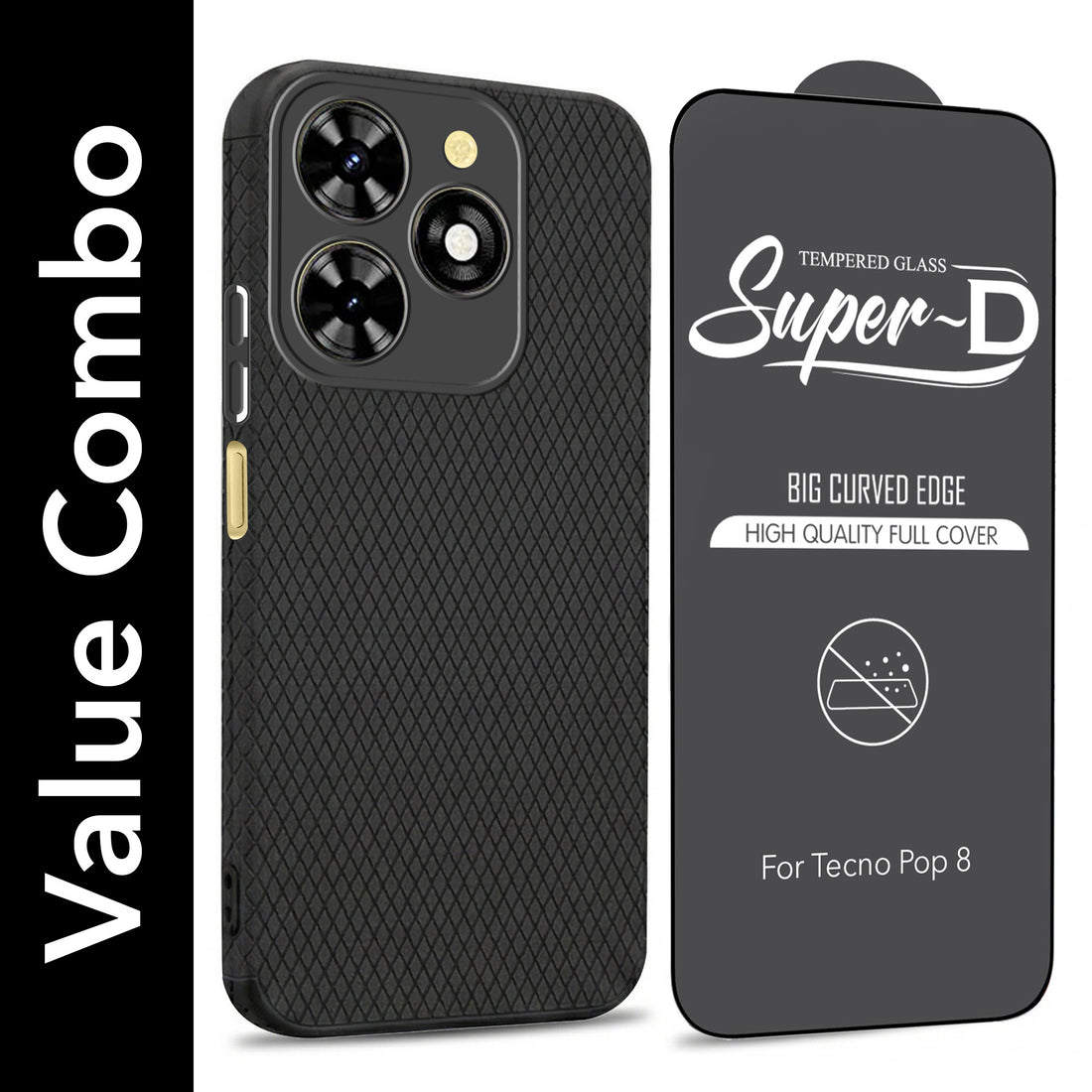 For Tecno Pop 8 Combo with Back Cover and 9H Tempered Glass (Liquid Silicone | Camera Protection | Oleophobic Coating Screen Glass)