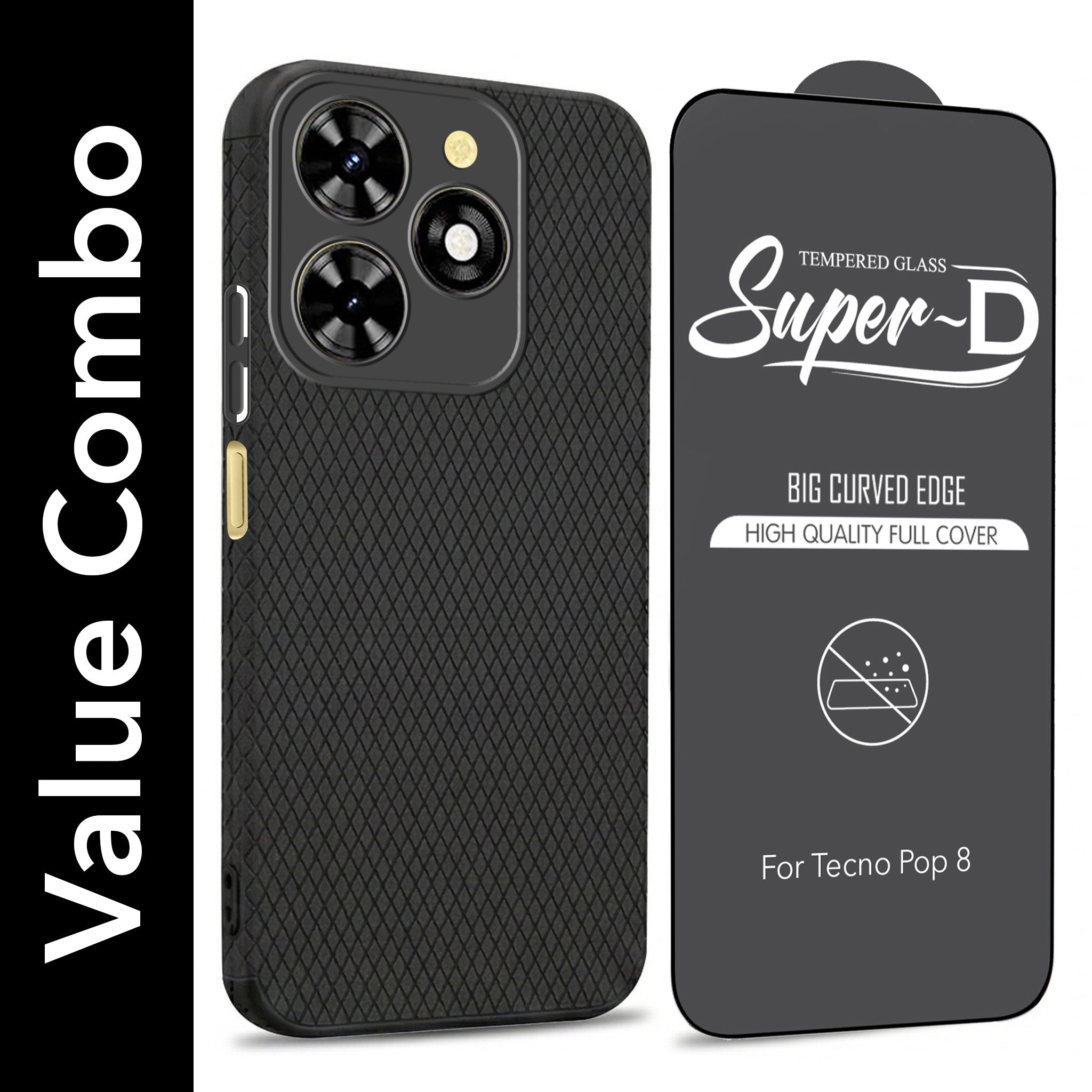 For Tecno Pop 8 Combo with Back Cover and 9H Tempered Glass (Liquid Silicone | Camera Protection | Oleophobic Coating Screen Glass)