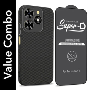 For Tecno Pop 8 Combo with Back Cover and 9H Tempered Glass (Liquid Silicone | Camera Protection | Oleophobic Coating Screen Glass)