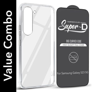 For Samsung Galaxy S23 5G Combo with Back Cover and 9H Tempered Glass (Lifetime Anti-Yellow | Sleek Hard Crystal | Oleophobic Coating Screen Glass)