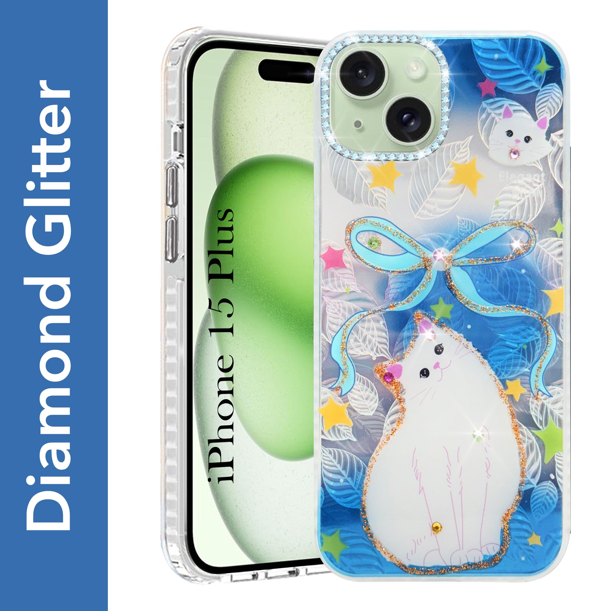 For Apple iPhone 15 Plus Back Cover Case (Luxury Floral Glitter Cute Butterfly | Diamond Studded Camera Bump | Girls & Women Design)