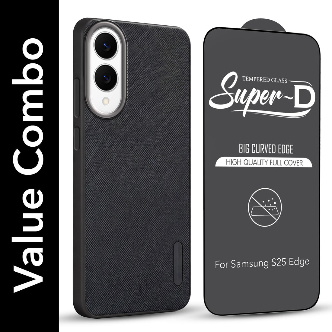 For Samsung Galaxy S25 Edge Combo with Back Cover and 9H Tempered Glass (Textured Grip Design | Micro-Fiber Cloth Inside | Oleophobic Coating Screen Glass)