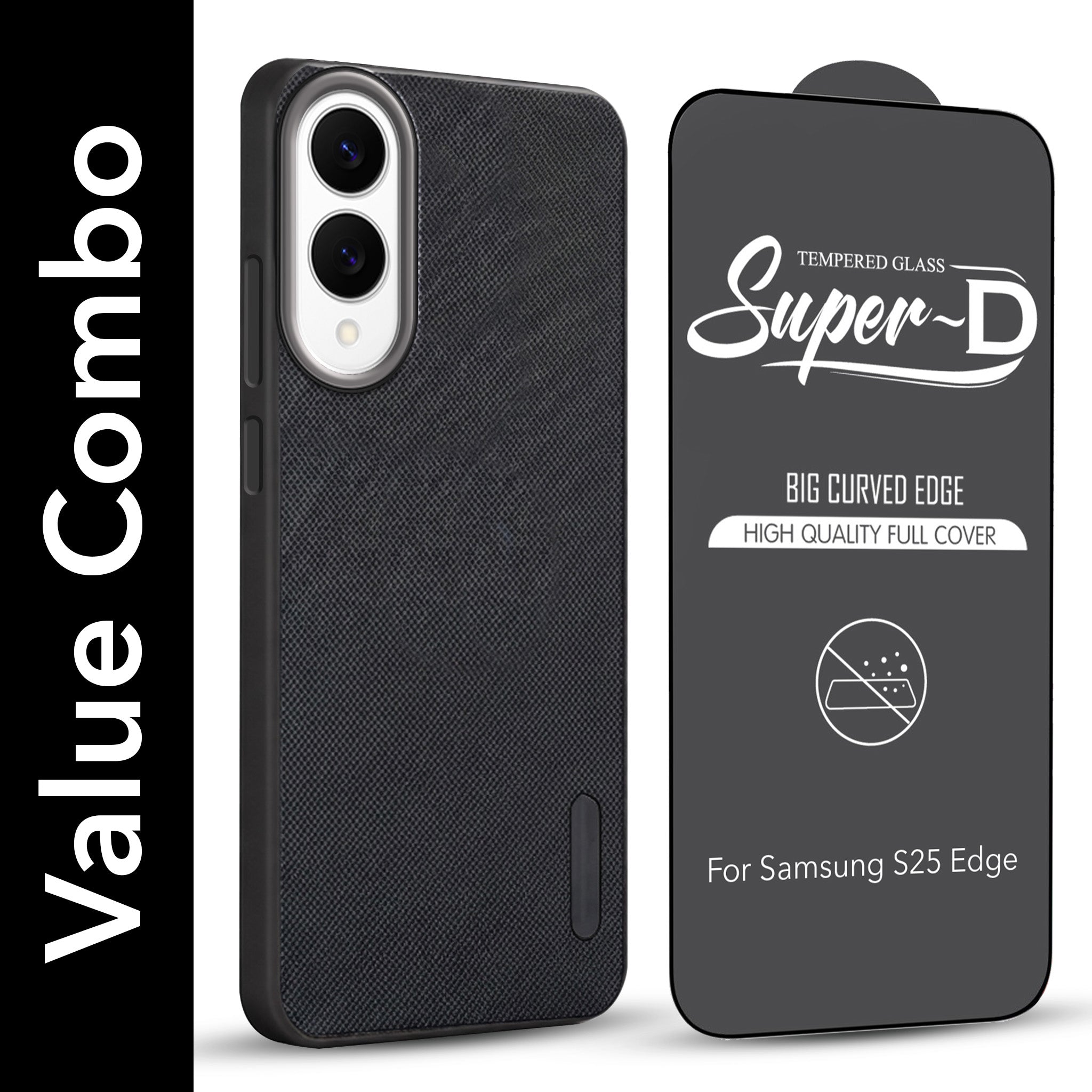 For Samsung Galaxy S25 Edge Combo with Back Cover and 9H Tempered Glass (Textured Grip Design | Micro-Fiber Cloth Inside | Oleophobic Coating Screen Glass)