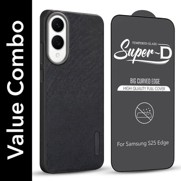 For Samsung Galaxy S25 Edge Combo with Back Cover and 9H Tempered Glass (Textured Grip Design | Micro-Fiber Cloth Inside | Oleophobic Coating Screen Glass)