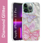 For Apple iPhone 13 Pro Back Cover Case (Luxury Floral Glitter Cute Butterfly | Diamond Studded Camera Bump | Girls & Women Design)