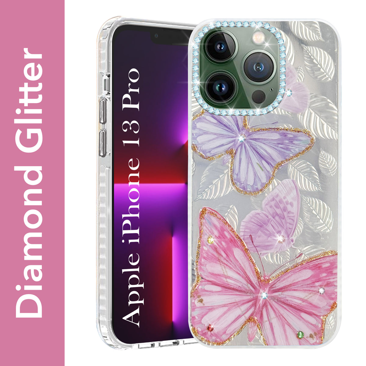 For Apple iPhone 13 Pro Back Cover Case (Luxury Floral Glitter Cute Butterfly | Diamond Studded Camera Bump | Girls & Women Design)