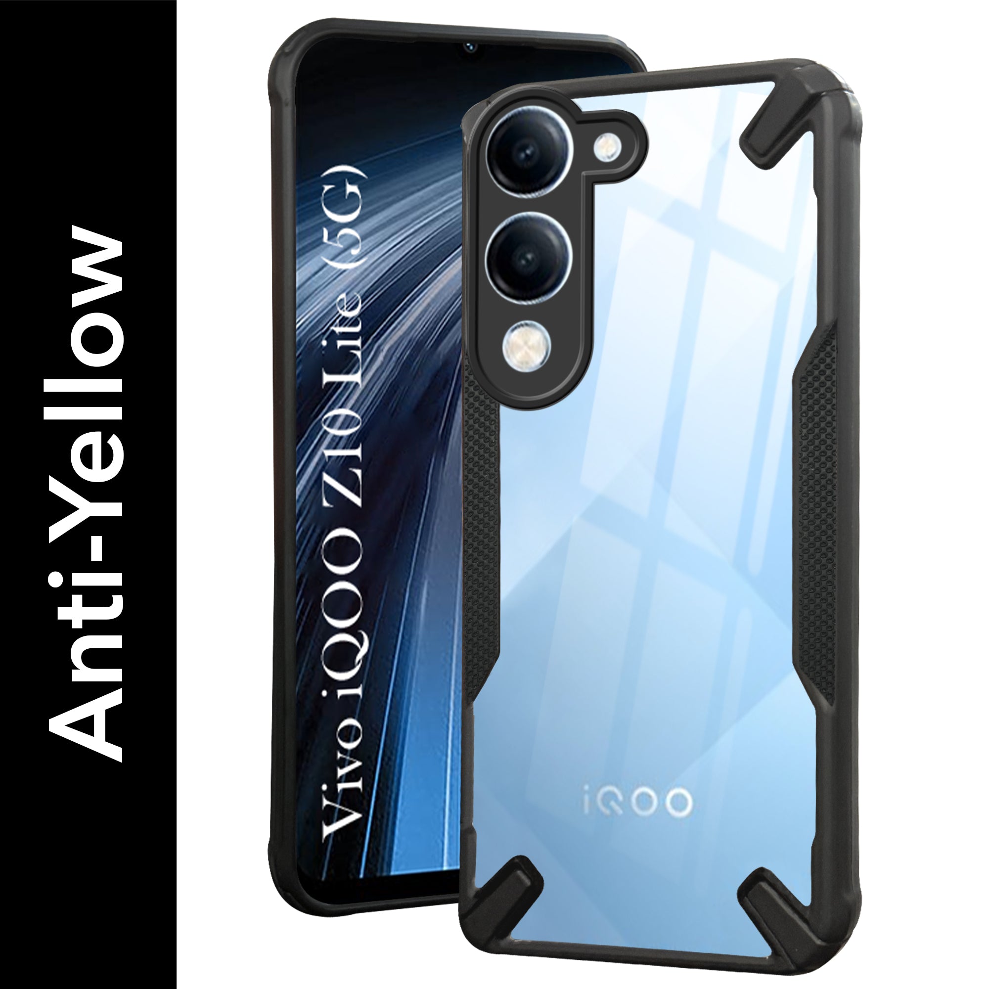 For Vivo iQOO Z10 Lite Back Cover Case (Hybrid Crystal | Ultimate Shockproof Bumpers | Anti Yellow | Rugged Armor | Black )