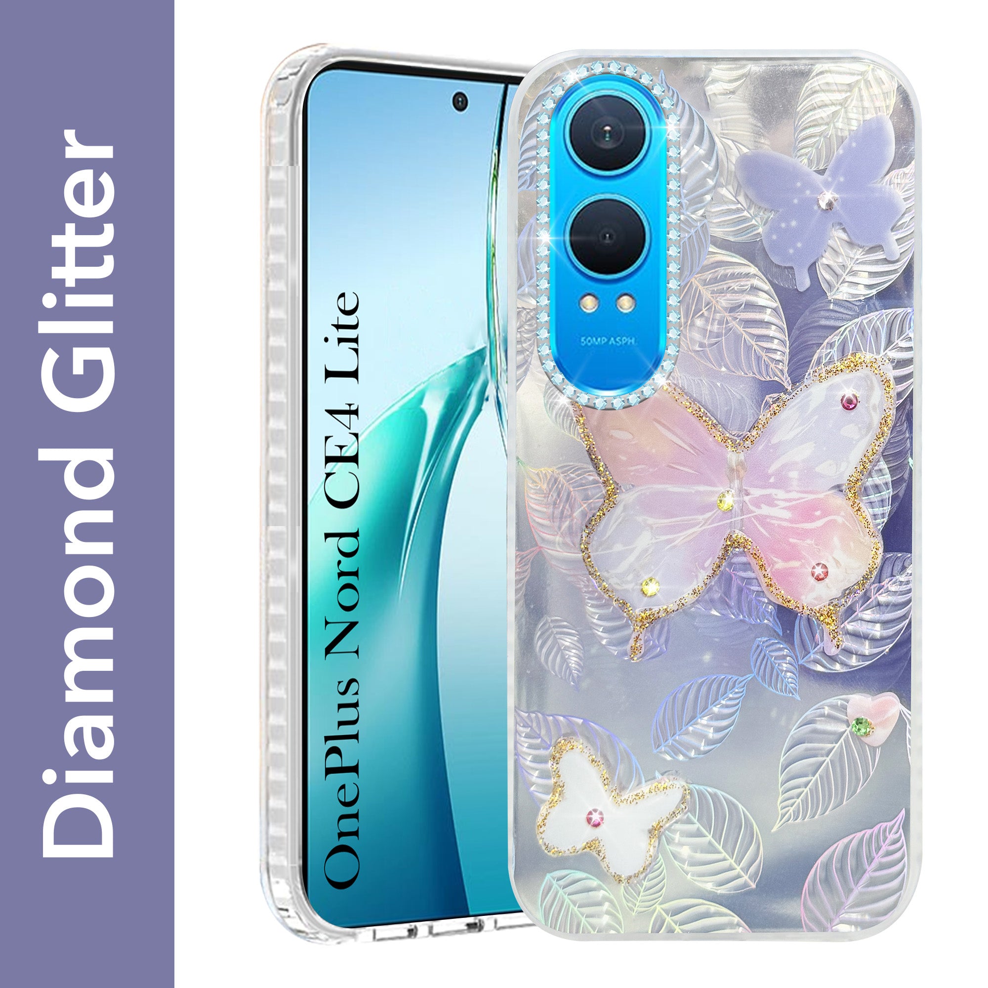 For OnePlus Nord CE 4 Lite Back Cover Case (Luxury Floral Glitter Cute Butterfly | Diamond Studded Camera Bump | Girls & Women Design)