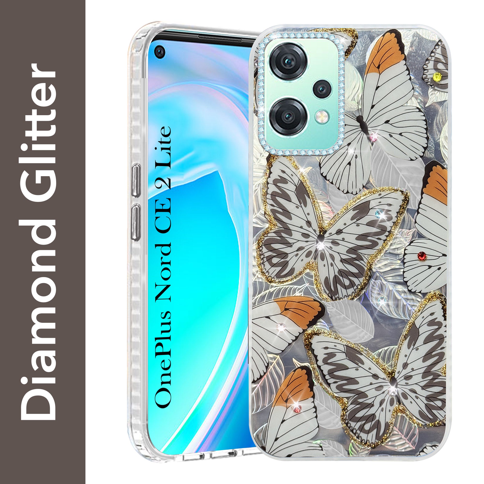 For OnePlus Nord CE 2 Lite Back Cover Case (Luxury Floral Glitter Cute Butterfly | Diamond Studded Camera Bump | Girls & Women Design)