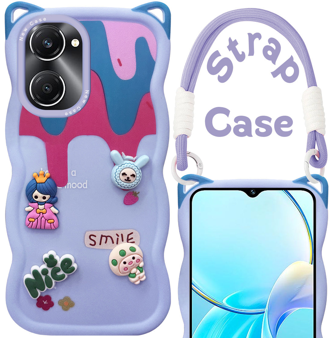 For Vivo T3 Lite 5G | Vivo Y28s 5G Back Case Cover Strap (3D embossed Figures | Strap Holder | 360* Soft Cushion with Camera Bump)