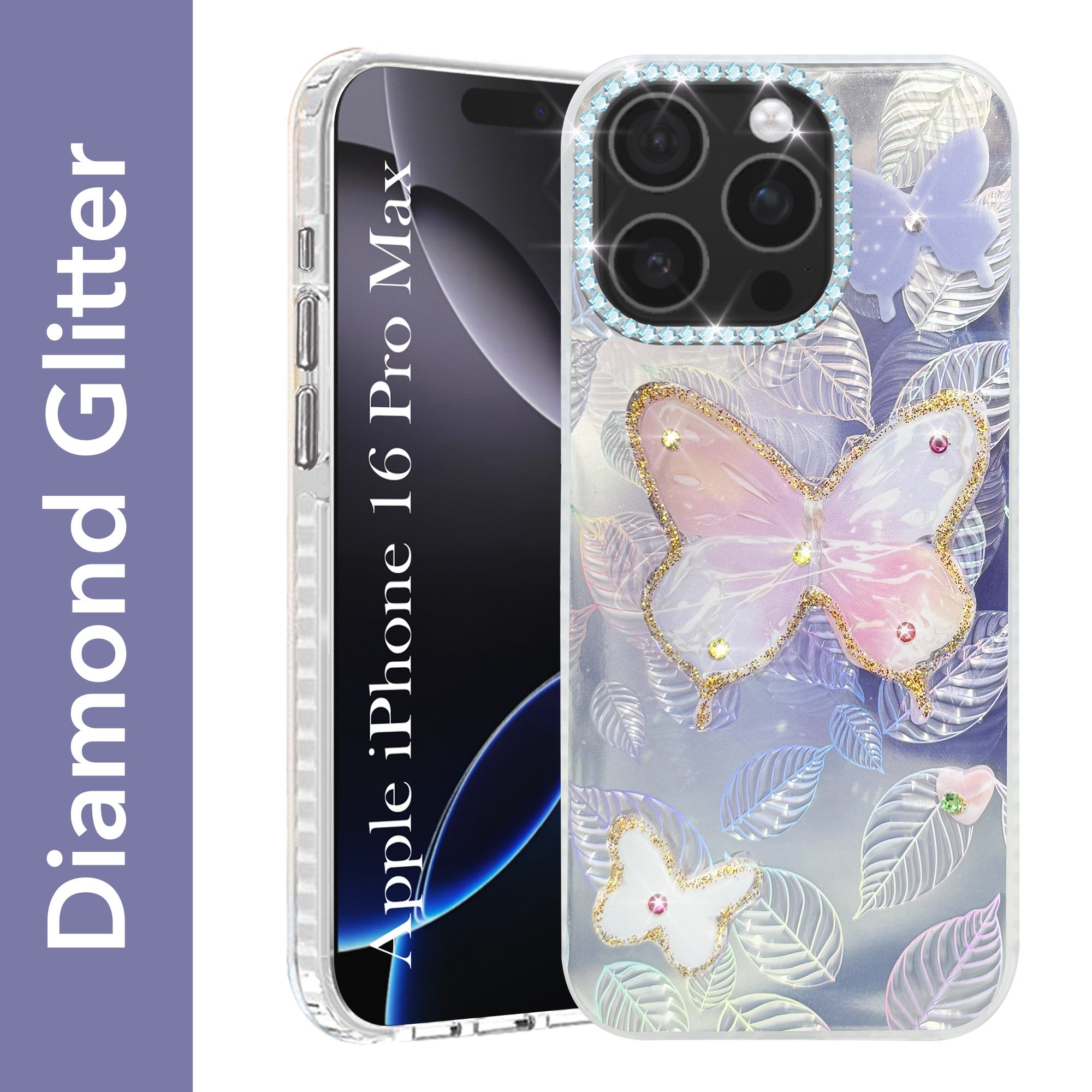 For iPhone 16 Pro Max Back Cover Case (Luxury Floral Glitter Cute Butterfly | Diamond Studded Camera Bump | Girls & Women Design)