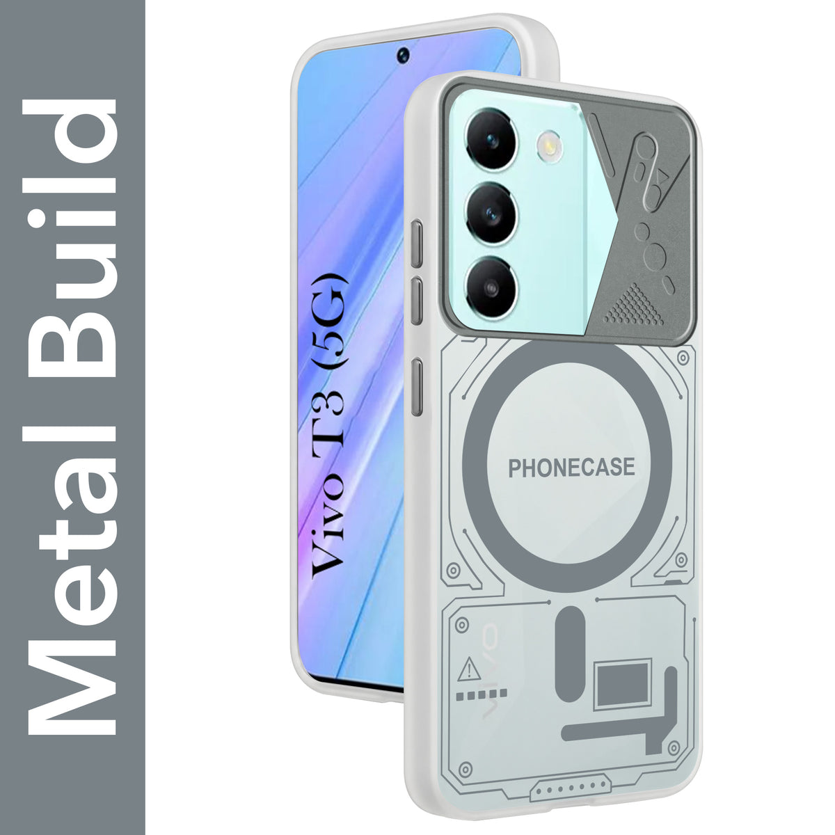 For Vivo T3 5G Metallic Back Cover Case (Metallic Camera Protection & Buttons | Translucent Milky Shade | Hard Polycarbonate)