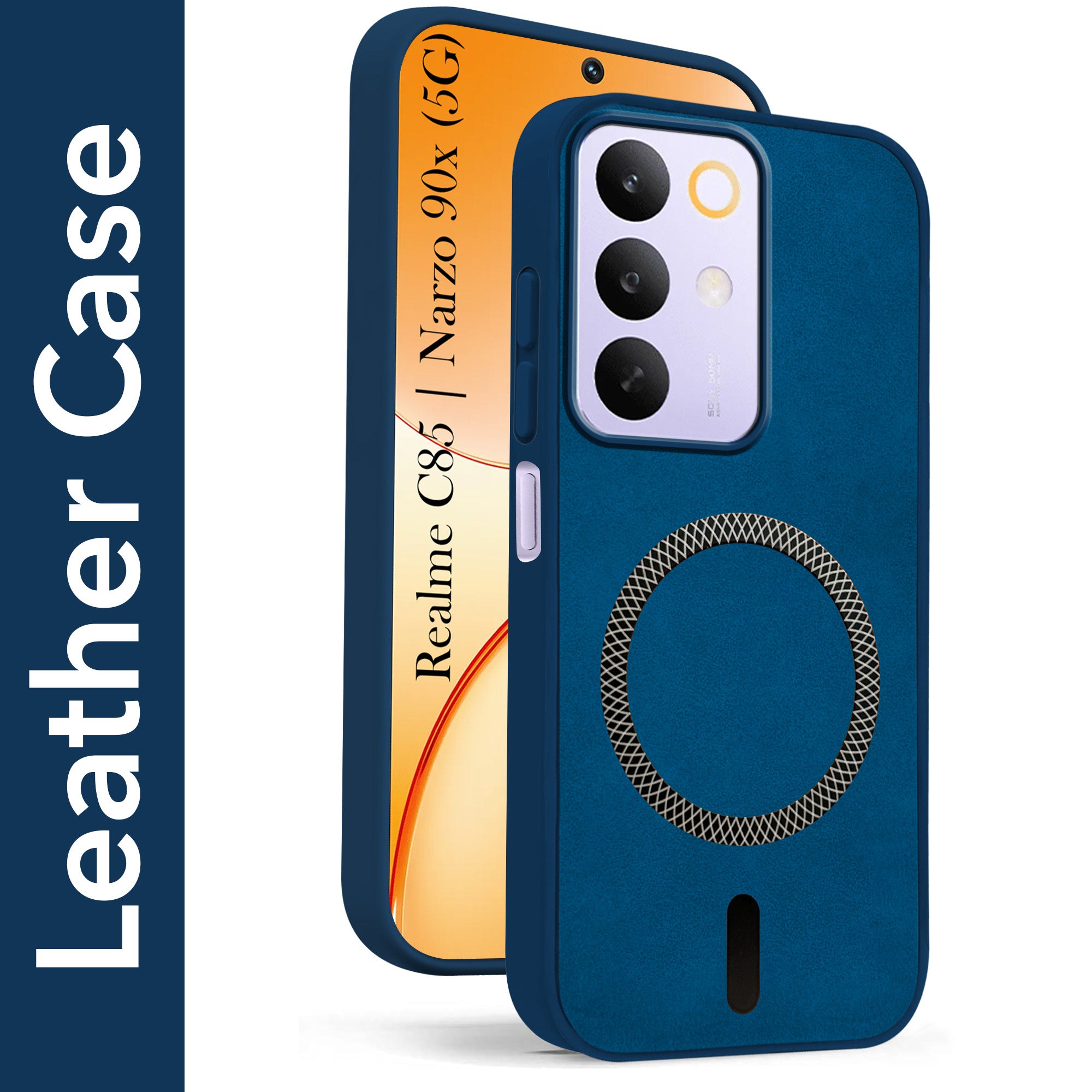 For Realme C85 5G | Realme Narzo 90x Back Cover Case Leather Finish (MagSafe Compatible Wireless Charging | Soft Touch | Camera Bump Protection)