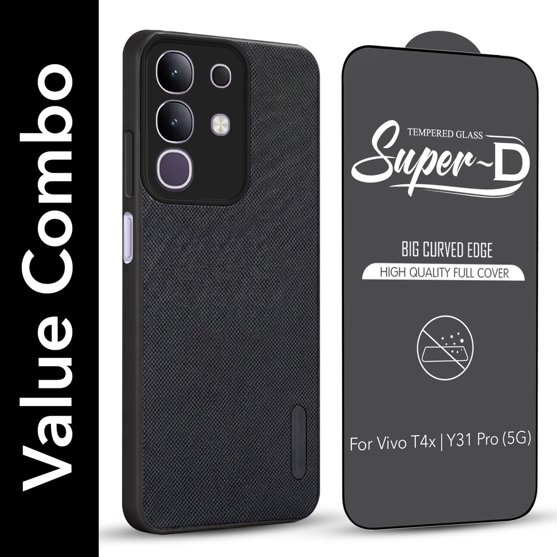 For Vivo T4x | Vivo Y31 Pro Combo with Back Cover and 9H Tempered Glass (Textured Grip Design | Micro-Fiber Cloth Inside | Oleophobic Coating Screen Glass)