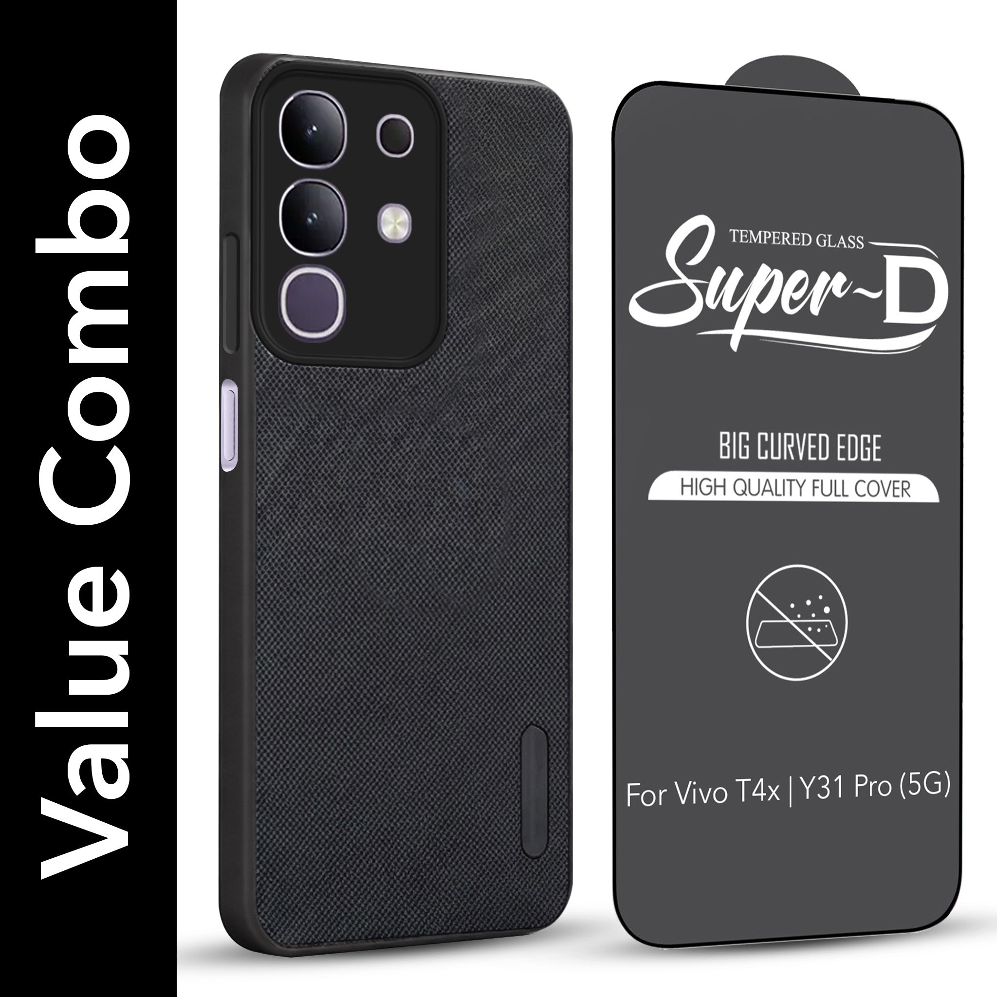 For Vivo T4x | Vivo Y31 Pro Combo with Back Cover and 9H Tempered Glass (Textured Grip Design | Micro-Fiber Cloth Inside | Oleophobic Coating Screen Glass)