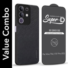 For Vivo T4x | Vivo Y31 Pro Combo with Back Cover and 9H Tempered Glass (Textured Grip Design | Micro-Fiber Cloth Inside | Oleophobic Coating Screen Glass)