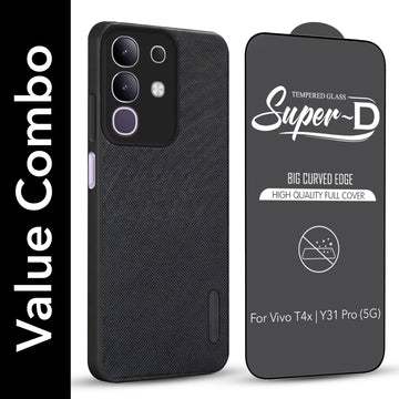 For Vivo T4x | Vivo Y31 Pro Combo with Back Cover and 9H Tempered Glass (Textured Grip Design | Micro-Fiber Cloth Inside | Oleophobic Coating Screen Glass)