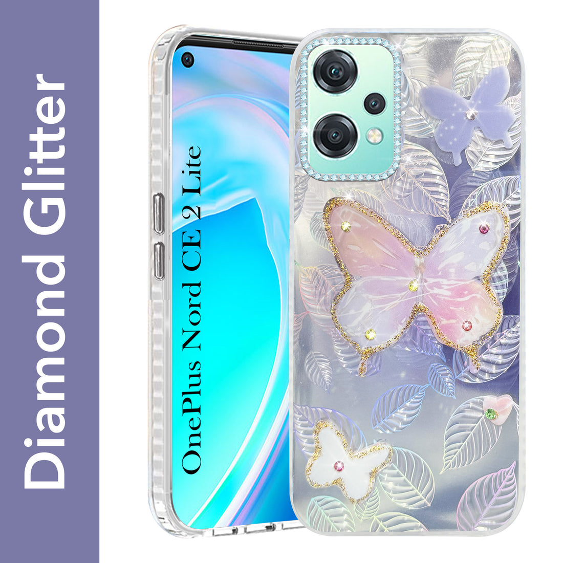 For OnePlus Nord CE 2 Lite Back Cover Case (Luxury Floral Glitter Cute Butterfly | Diamond Studded Camera Bump | Girls & Women Design)