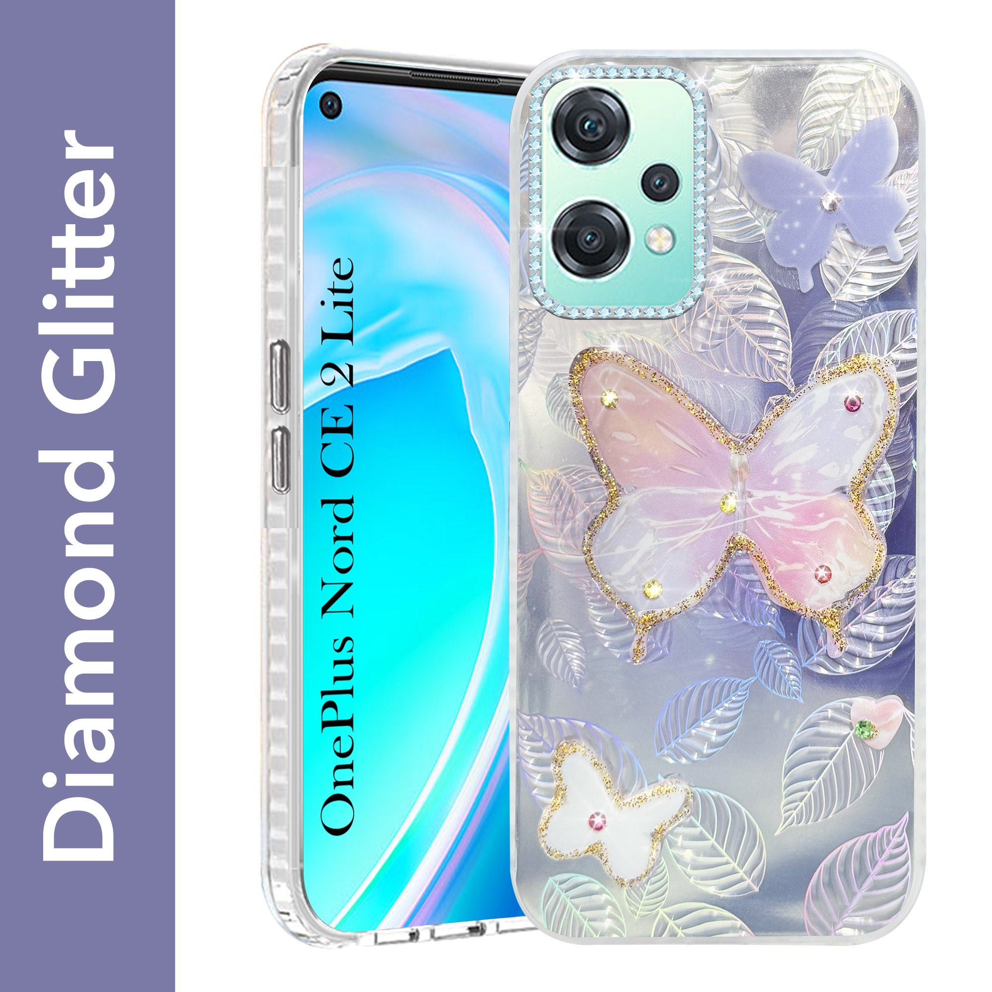 For OnePlus Nord CE 2 Lite Back Cover Case (Luxury Floral Glitter Cute Butterfly | Diamond Studded Camera Bump | Girls & Women Design)