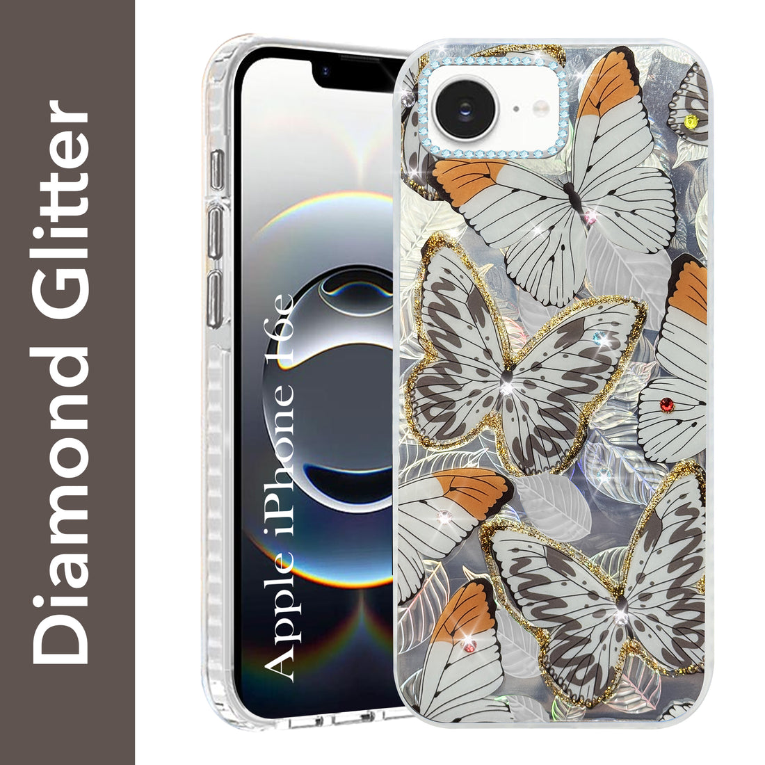 For iPhone 16e | iPhone 17e Back Cover Case (Luxury Floral Glitter Cute Butterfly | Diamond Studded Camera Bump | Girls & Women Design)