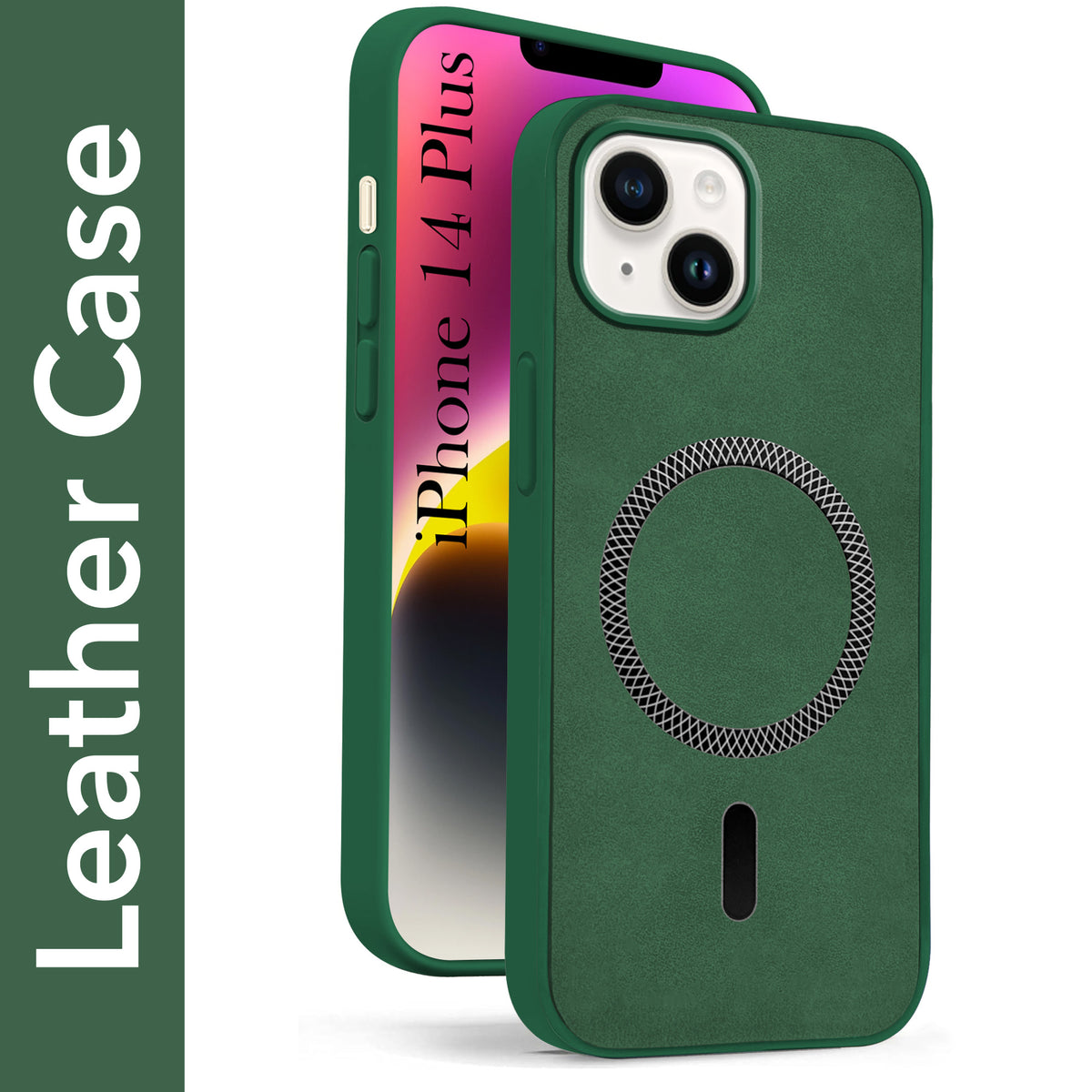 For Apple iPhone 14 Plus Back Cover Case Leather Finish (MagSafe Compatible Wireless Charging | Soft Touch | Camera Bump Protection)