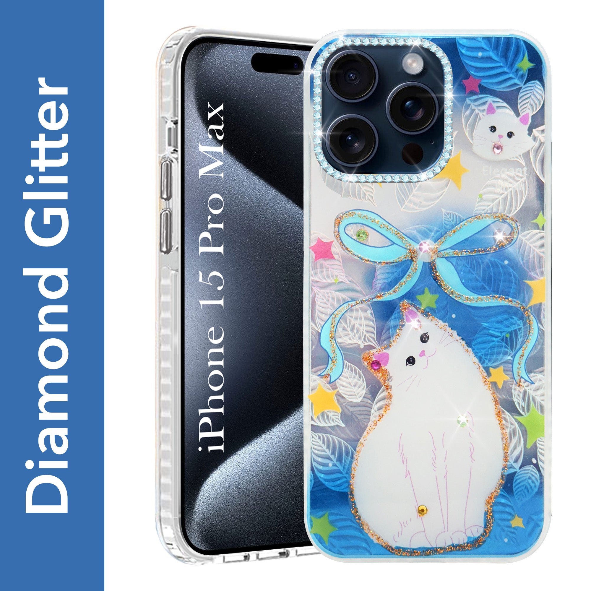 For Apple iPhone 15 Pro Max Back Cover Case (Luxury Floral Glitter Cute Butterfly | Diamond Studded Camera Bump | Girls & Women Design)