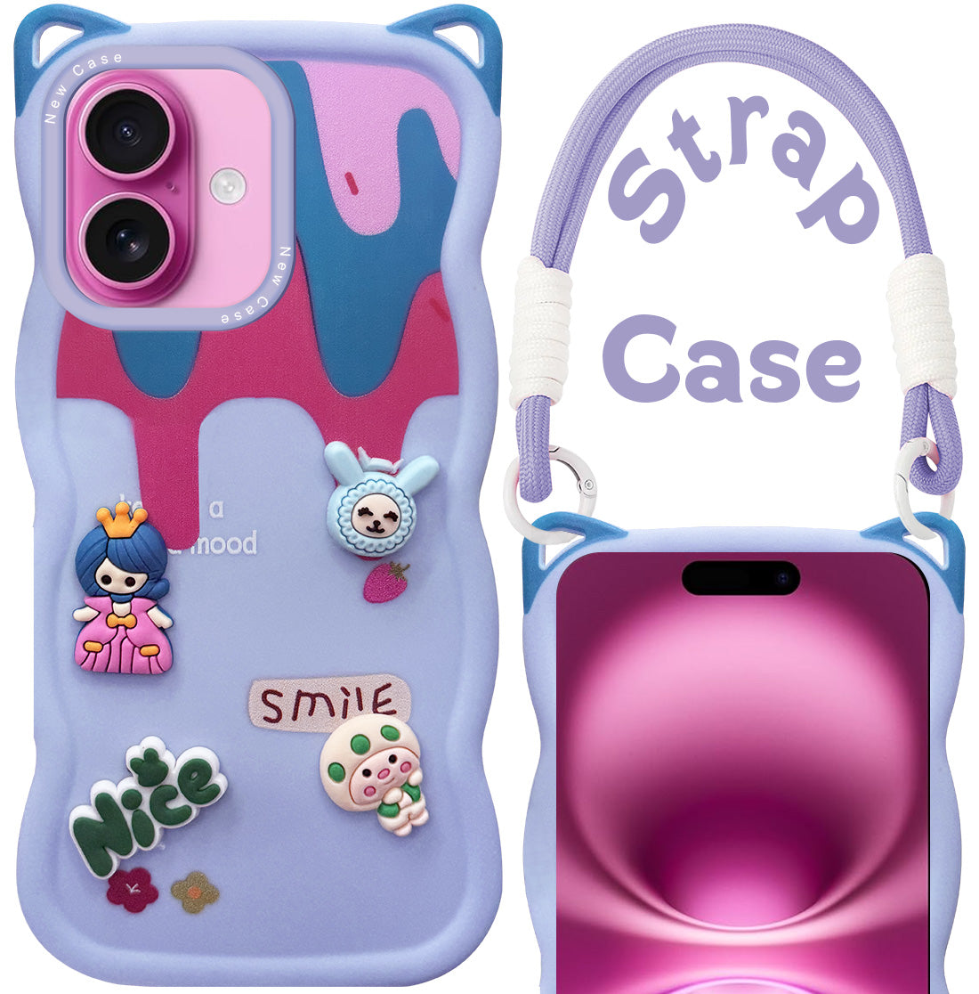 For Apple iPhone 16 Plus Back Case Cover Strap (3D Embossed Figures | Strap Holder | 360* Soft Cushion with Camera Bump)