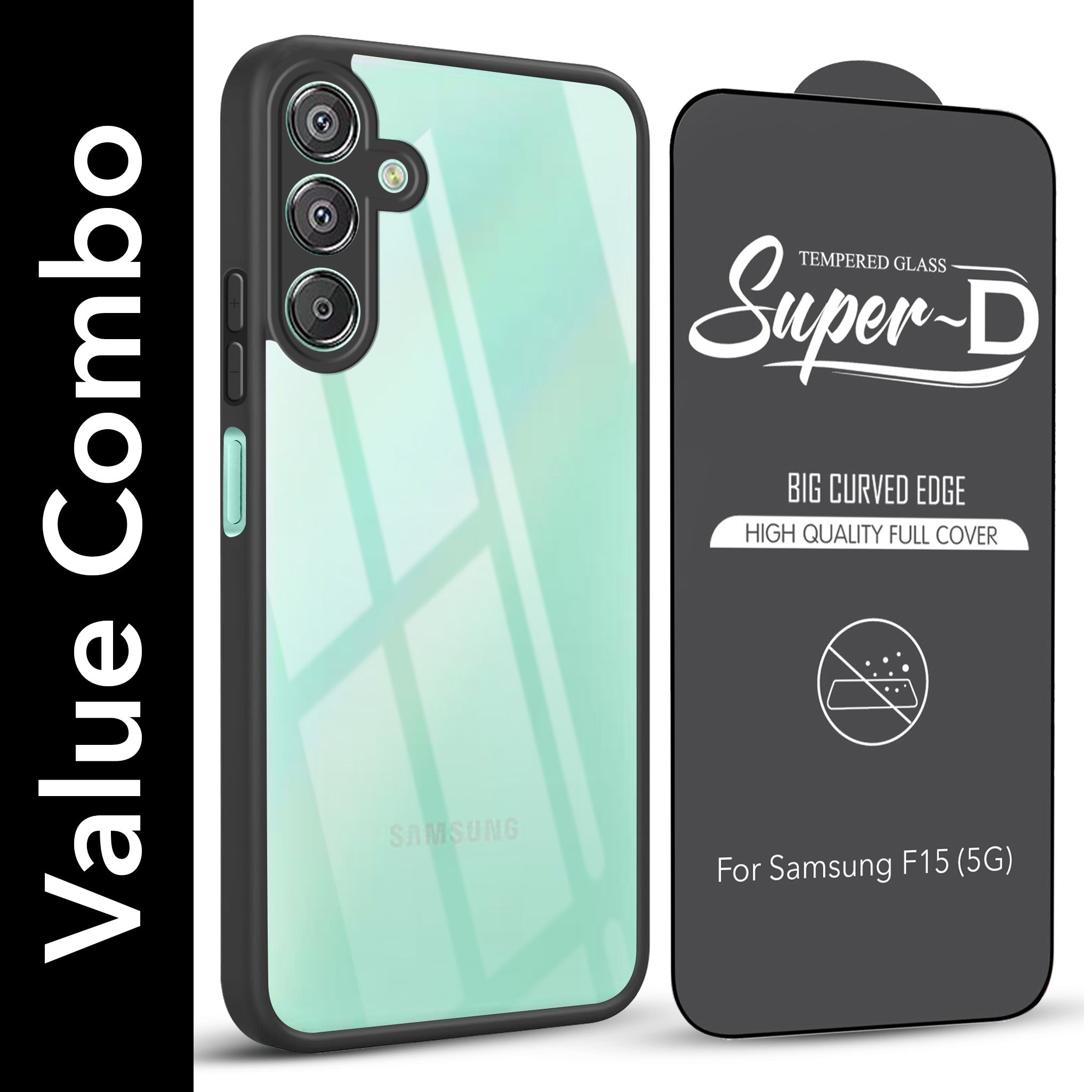 For Samsung Galaxy F15 5G Combo with Back Cover and 9H Tempered Glass (Lifetime Anti-Yellow | Crystal Clear Shockproof | Oleophobic Coating Screen Glass)