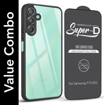 For Samsung Galaxy F15 5G Combo with Back Cover and 9H Tempered Glass (Lifetime Anti-Yellow | Crystal Clear Shockproof | Oleophobic Coating Screen Glass)