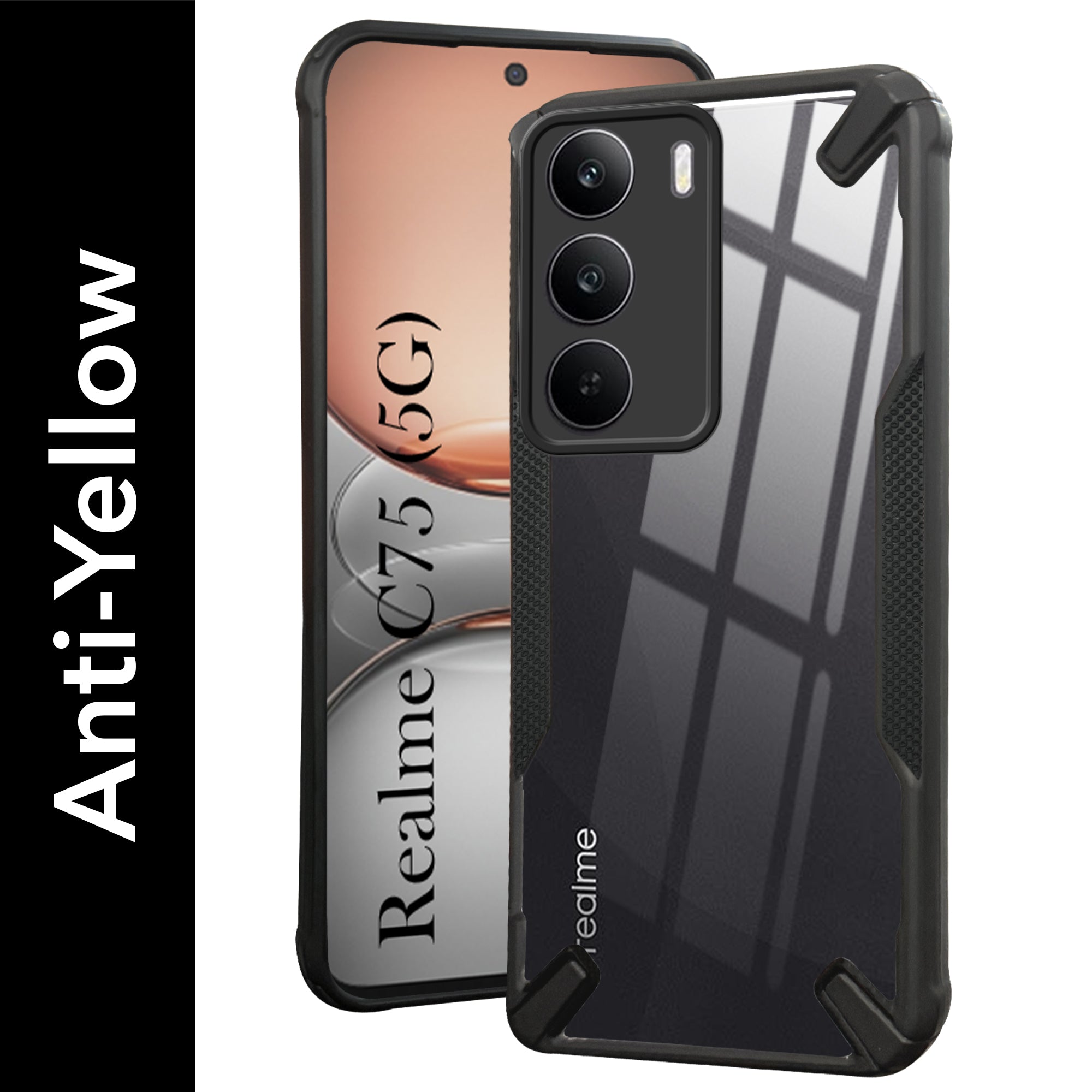 For Realme C75 5G Back Cover Case (Hybrid Crystal | Ultimate Shockproof Bumpers | Anti Yellow | Rugged Armor | Black )