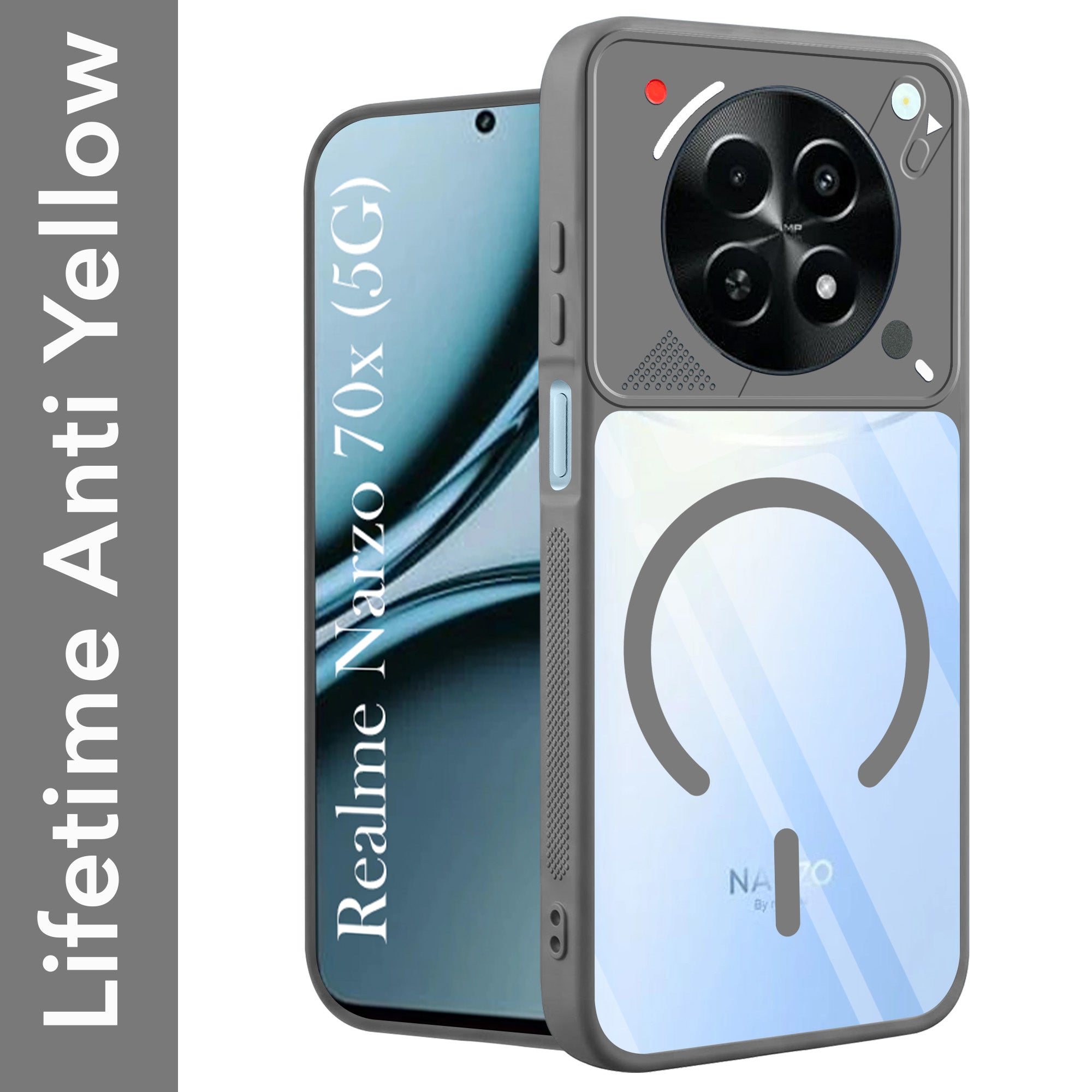 For Realme Narzo 70x 5G Back Cover Case Lifetime Anti-Yellow Clear (Camera Protection | Side Grip | Wireless MagSafe Compatible)