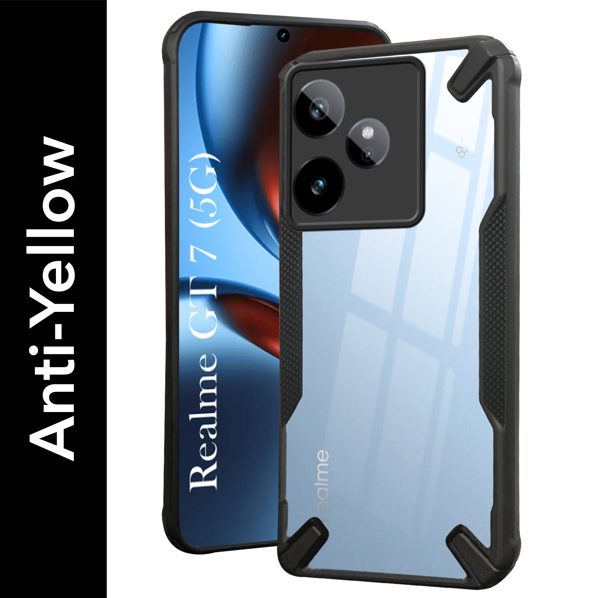 For Realme GT 7 Back Cover Case (Hybrid Crystal | Ultimate Shockproof Bumpers | Anti Yellow | Rugged Armor | Black )