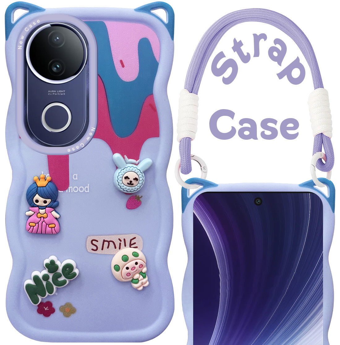For Vivo T4R Back Case Cover Strap (3D embossed Figures | Strap Holder | 360* Soft Cushion with Camera Bump)