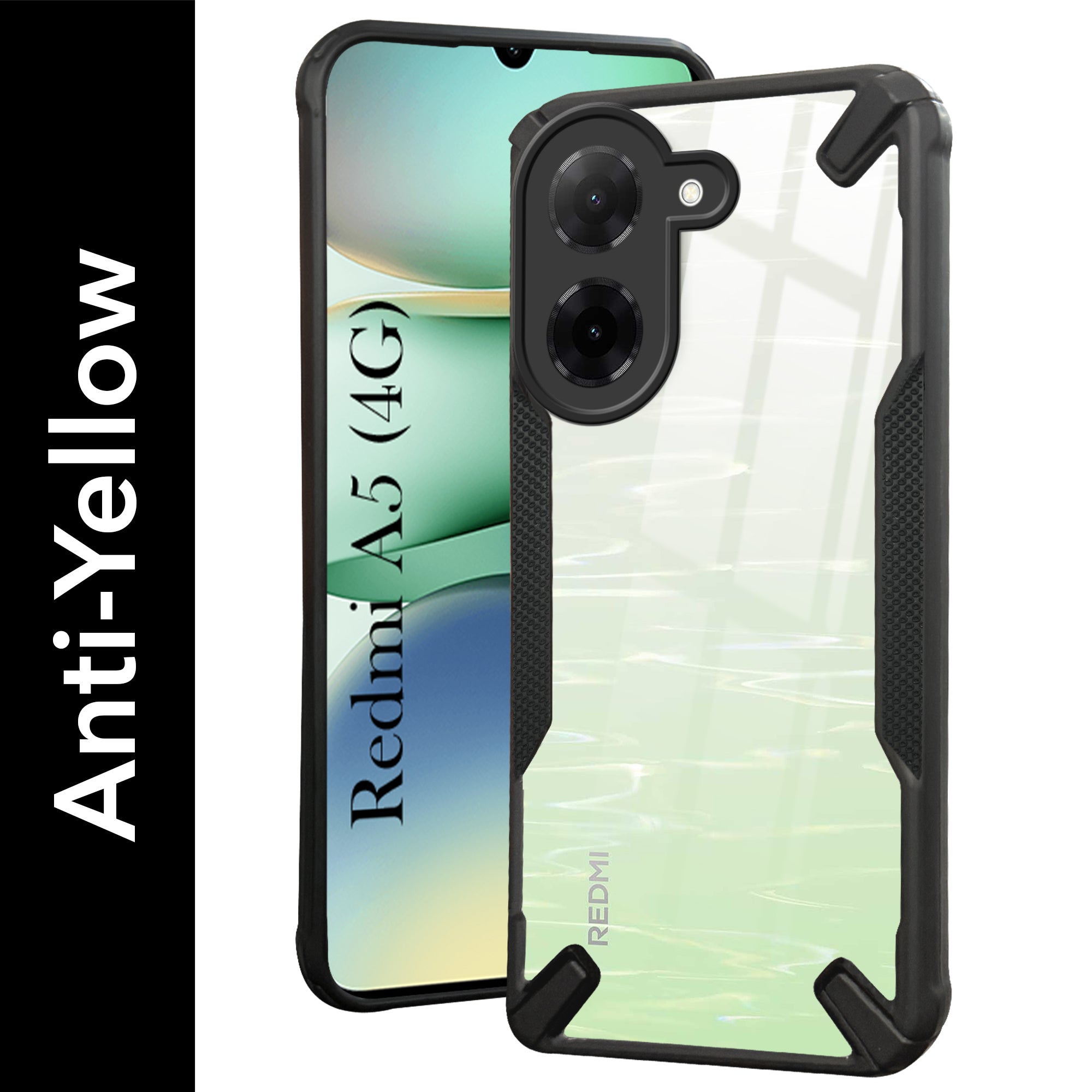 For Redmi A5 4G Back Cover Case (Hybrid Crystal | Ultimate Shockproof Bumpers | Anti Yellow | Rugged Armor | Black )