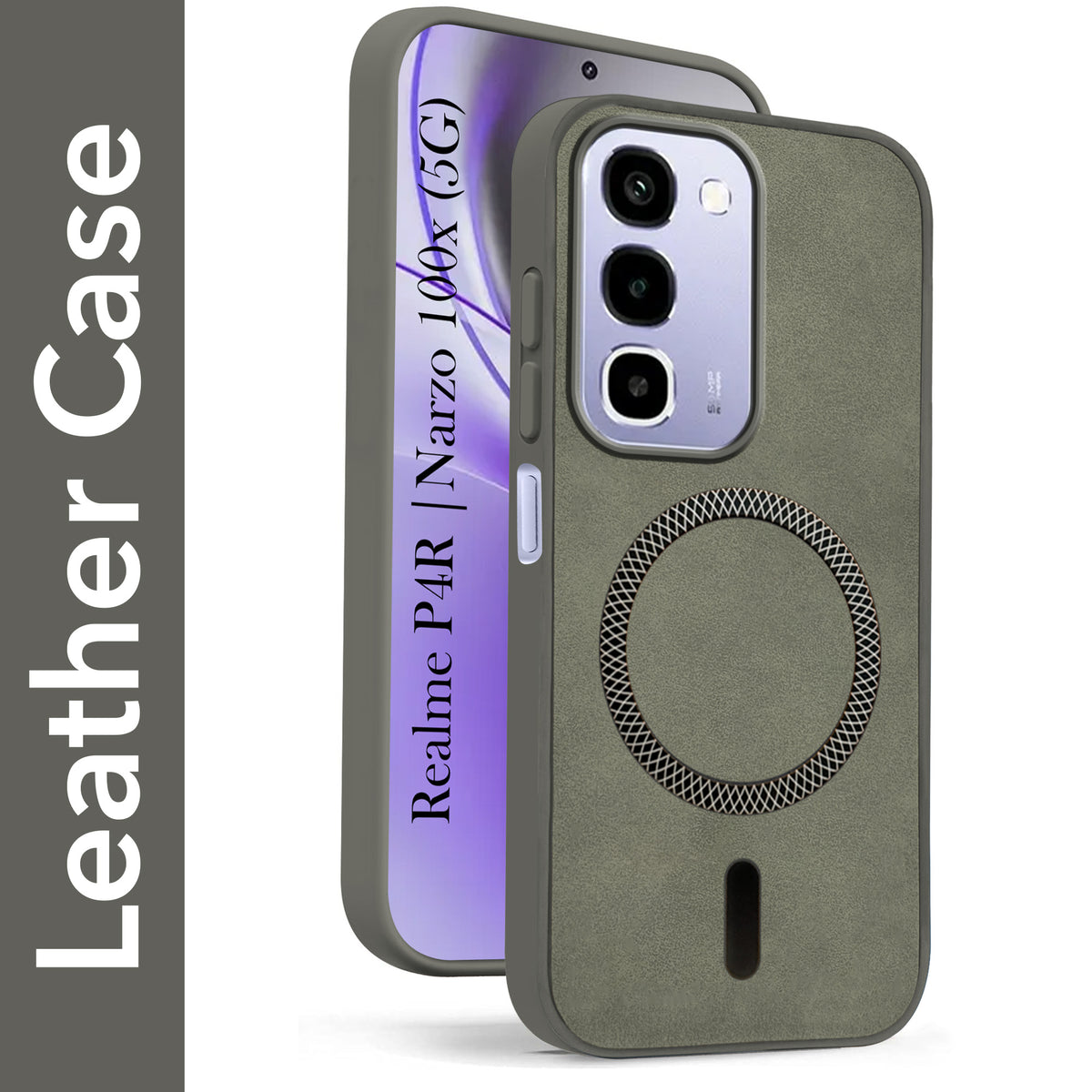 For Realme P4R 5G | Realme Narzo 100X 5G Back Cover Case Leather Finish (MagSafe Compatible Wireless Charging | Soft Touch | Camera Bump Protection)