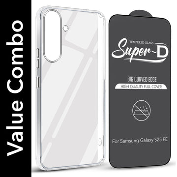 For Samsung Galaxy S25 FE Combo with Back Cover and 9H Tempered Glass (Lifetime Anti-Yellow | Sleek Hard Crystal | Oleophobic Coating Screen Glass)